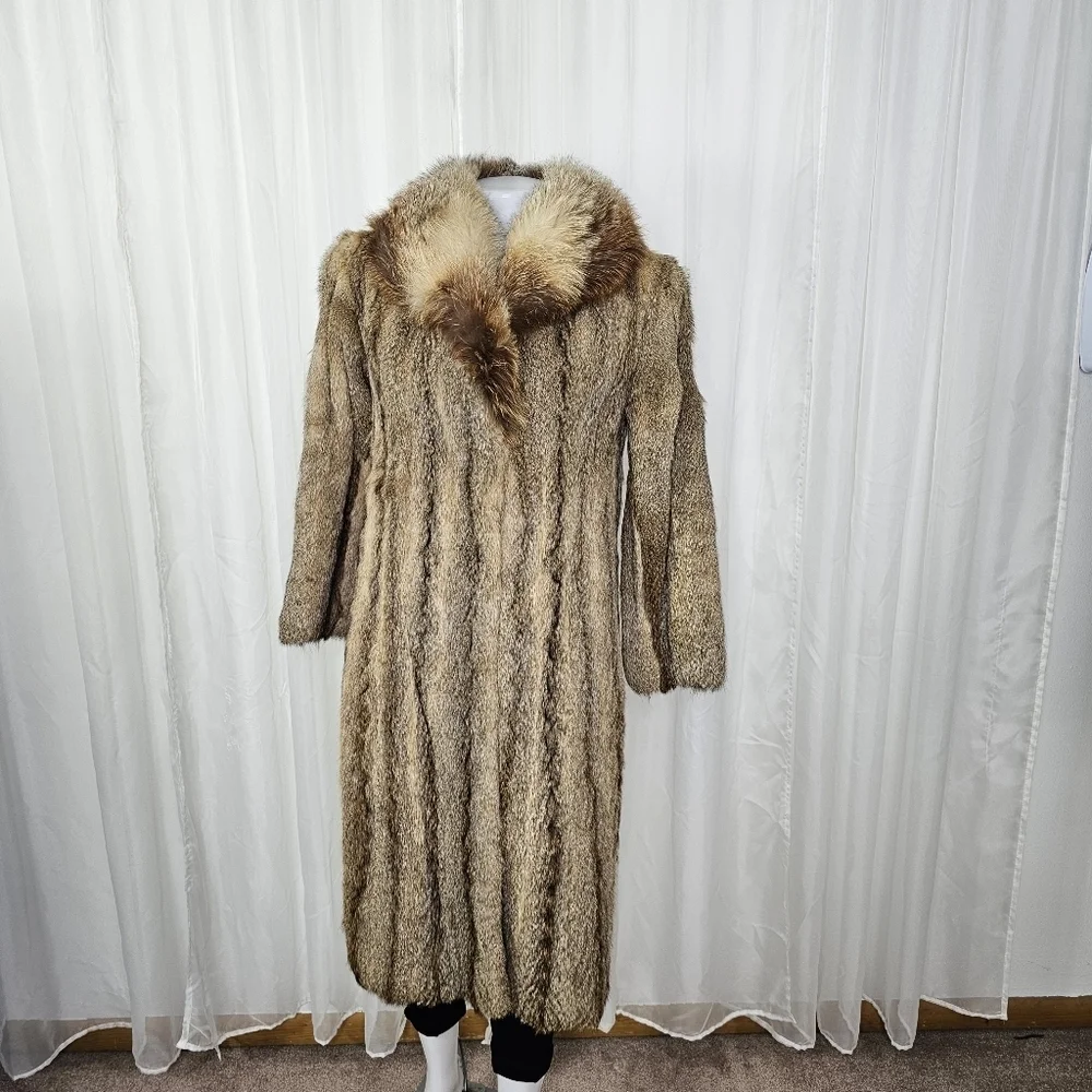 Real Fur Brown Tan Beaver Coat Fluffy Collar Glam